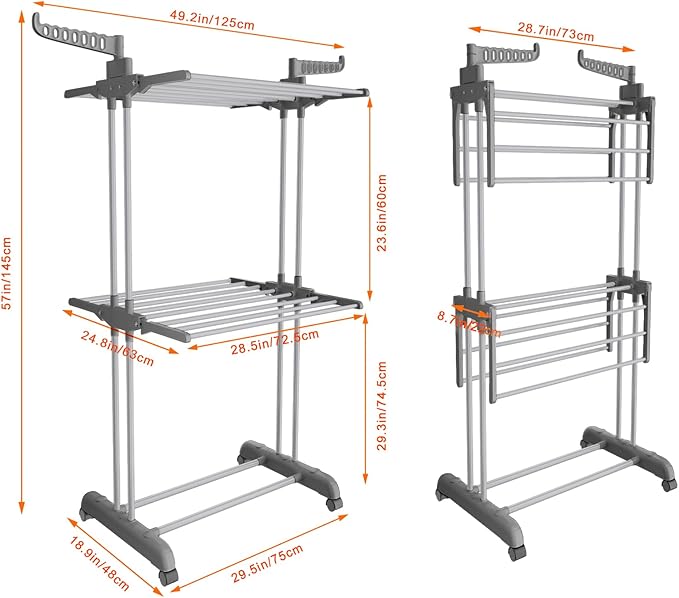 Bigzzia 3 Tier Clothes Drying Rack, 57 Inch Laundry Drying Rack, Foldable Stainless Steel Kids Clothing Rack, Movable Laundry Rack for Indoor Outdoor - Grey-Ruum Studio Home