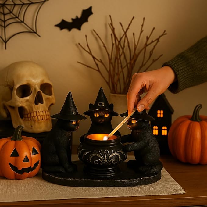 Halloween Black Cat Candle Holder, Cute Halloween Table Decor & Mantel Decoration (Black)-Ruum Studio Home