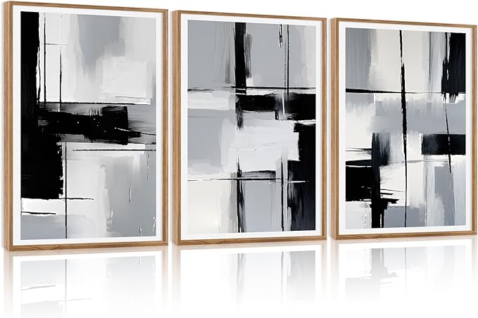 HPNIUB Modern Abstract Geometric Wall Art, Black & White Canvas Neutral Prints, Minimalist Bohemian Mid-Century Wall Art for Hallway, Office Wall Decor- 16"x24"x3-Ruum Studio Home