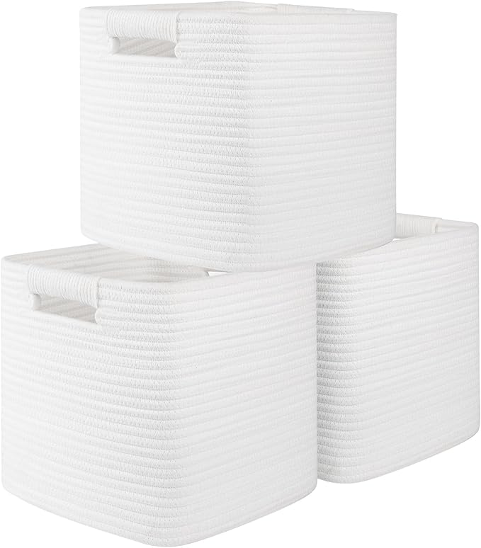 OIAHOMY Storage Cubes 11 Inch - 3 Pack, Cotton Rope Woven Baskets for Organizing, Square Storage Baskets for Shelves Organizer, Classroom, Kids Toy Bins, Closet, Baby Nursery-White-Ruum Studio Home