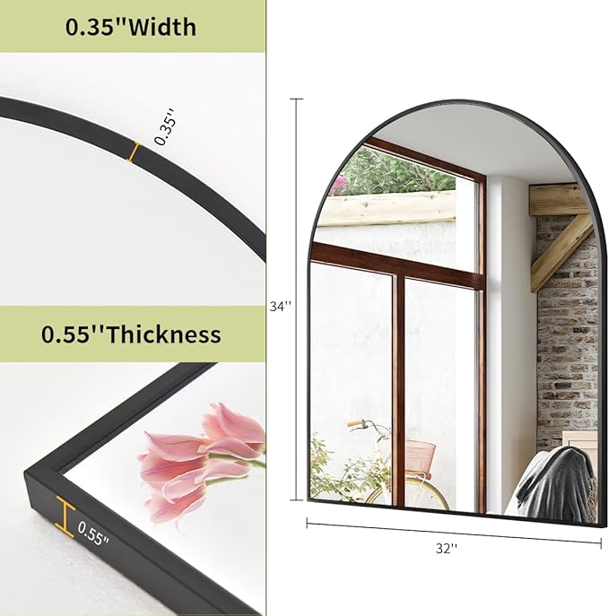 BEAUTYPEAK 32"x34" Arch Bathroom Mirror, Wall Mounted Vanity Metal Frame Mirror for Bedroom, Entryway, Living Room, Black-Ruum Studio Home