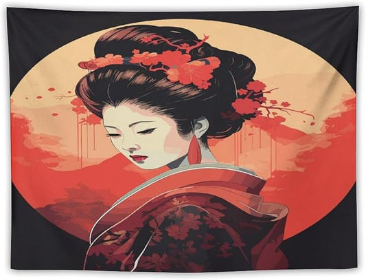 Japanese Woman Geisha Tapestry Asian Cherry Blossom Red Sun Traditional Kimono Folk Tapestries Home Decor for Living Room Bedroom Apartment Farmhouse Dorm 40"x30"-Ruum Studio Home