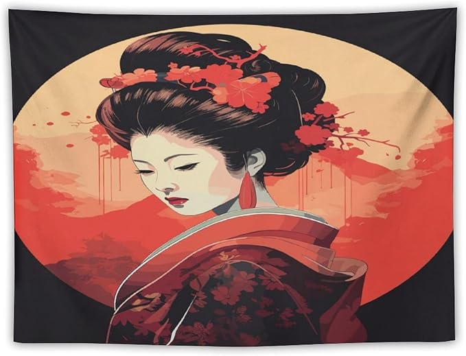 Japanese Woman Geisha Tapestry Asian Cherry Blossom Red Sun Traditional Kimono Folk Tapestries Home Decor for Living Room Bedroom Apartment Farmhouse Dorm 80"x60"-Ruum Studio Home