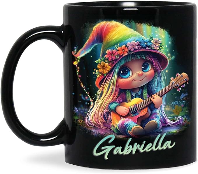 Customized Adorable Gnome With Guitar Mug 11oz 15oz, Personalized Name Coffee Cup, Gnome And Northern Lights Mug, Custom Whimsical Music Ceramic Cup, Gnome Black Mug Gift For Kids-Ruum Studio Home