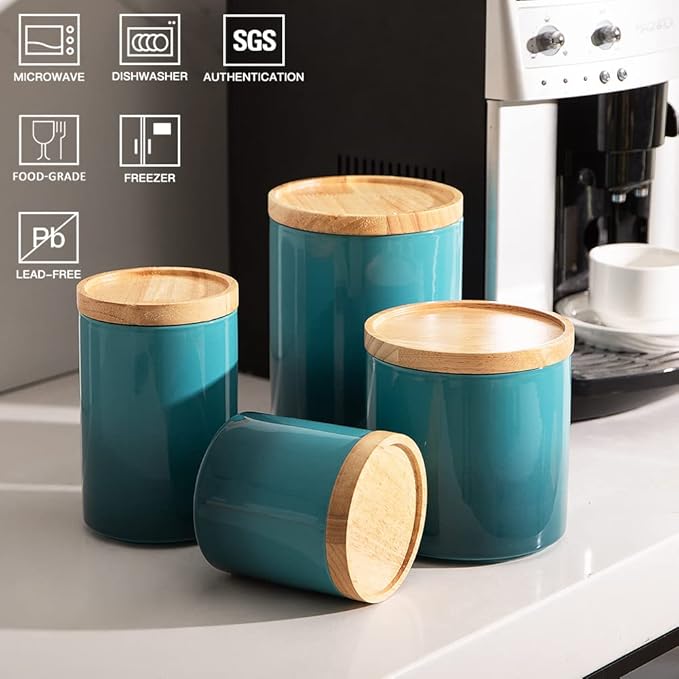 Sweejar Ceramic Food Storage Jar, Stackable Kitchen Canisters, Containers with Airtight Seal Wooden Lid for Serving Ground Coffee, Tea, Sugar, Salt and More - 16 Fl Oz (Gradient Blue)…-Ruum Studio Home