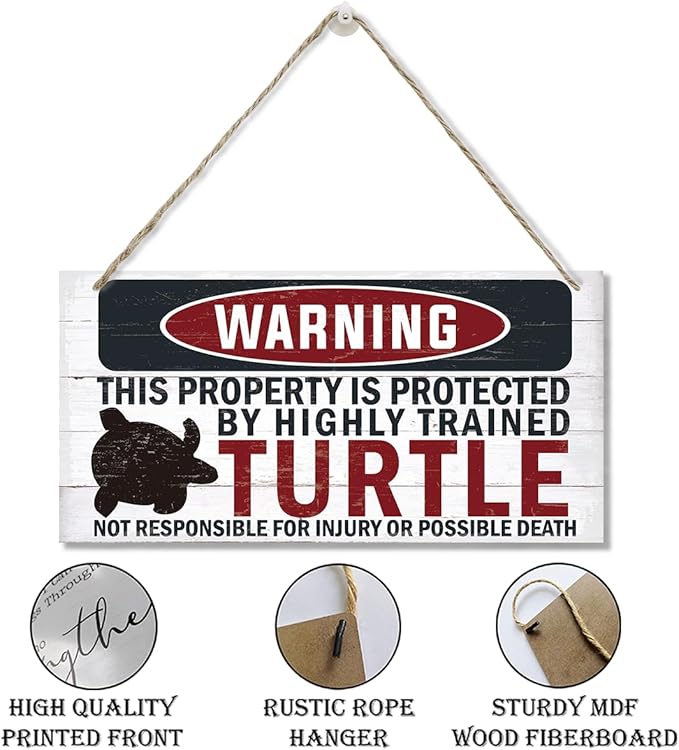 Funny Warning Signs, The Property is Protected By Highly Trained Turtle Sign, Decorative Wood Hanging Wood Plaque, House Door Sign, Farmhouse Wall Decor for Home Office, Indoor/Outdoor Use-Ruum Studio Home