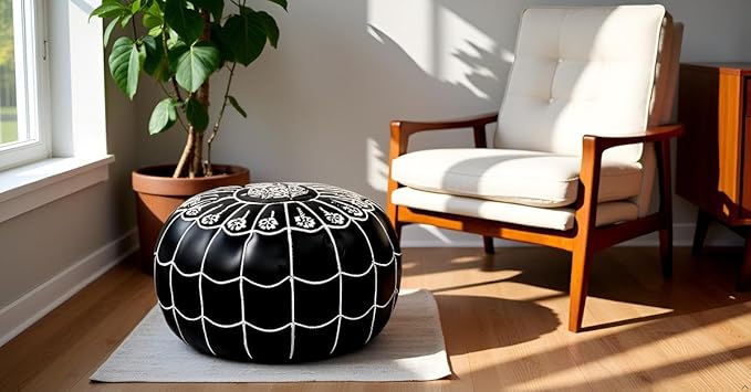 Stuffed Arch Design Moroccan Leather Pouf Ottoman, Handmade, Pre-Filled, 100% Genuine Leather, 14” Height x 22” Diameter – Boho Chic Footstool & Living Room Décor (Black)-Ruum Studio Home