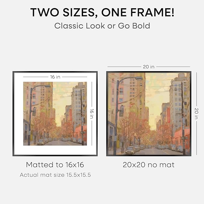 Homeforia 20x20 Picture Frame Black, High End Metal 20x20 Square Poster Frame Matted to 16x16 Print, 20 x 20 Black Frames with Mat 16 x 16 Photo, 20by20 Thin Frames, Tempered Glass, Wall Kit, Set of 1-Ruum Studio Home