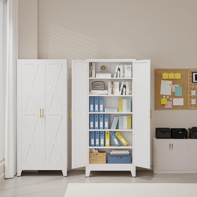 75" Tall Metal Kitchen Pantry Storage Cabinet, Freestanding Cupboard with 2 Doors and 5 Adjustable Shelves, Standing Storage for Kitchen, Bathroom, Garage, Dinning Room or Utility Room（White）-Ruum Studio Home