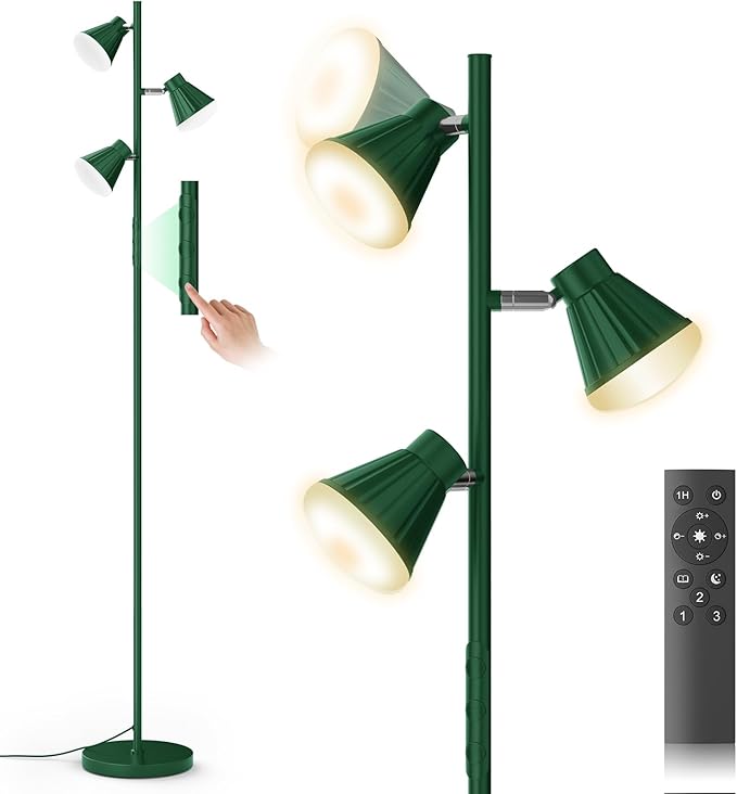 36W LED Tree Floor Lamp, Dimmable Tall Standing Lamp with Remote & Touch Control, 4 Color Temperatures Bright Floor Lamp, 3 Rotatable Light Modern Floor Lamps (Green)-Ruum Studio Home