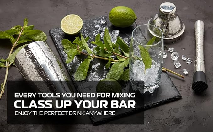 Highball & Chaser 13-Piece Cobbler Cocktail Shaker Set Stainless Steel Mixology Bartender Kit With Stand For Home Bar Cocktail Set | Laser Engraved Cocktail Tools | Plus Ebook with 30 Cocktail Recipes-Ruum Studio Home