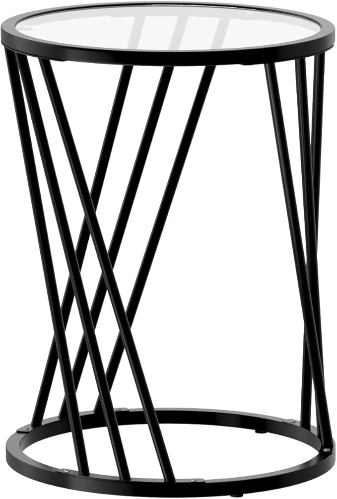 Round Side Table, Modern End Tables for Living Room Office Small Spaces, Glass Black End Table with Metal Frames, Nightstand for Bedroom, Bedside Furniture, Easy Assembly-Ruum Studio Home
