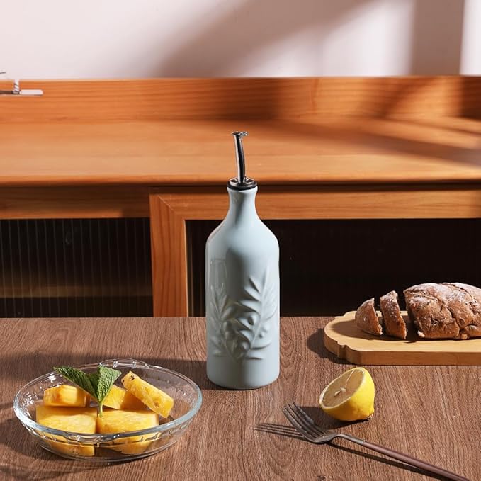 Sweejar Ceramic Olive Oil Dispenser Bottle, 20 Oz Relief Opaque Oil Cruet Protects Oil To Reduce Oxidation, Suitable for Storage Oil, Vinegar, Soy Sauce, Coffee Syrup, Liquids, Set of 1 (Light Blue)-Ruum Studio Home