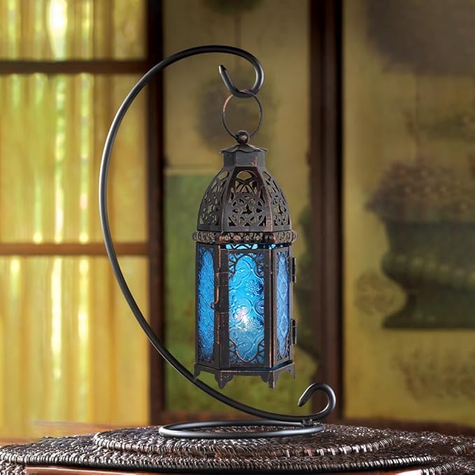NEEDOMO Hanging Moroccan Lantern, 11'' Vintage Candle Holder, Metal Lanterns Decorative Indoor Outdoor, Table, Patio, Porch, Shelf, Gothic Home Decor (Blue, Medium Size)-Ruum Studio Home
