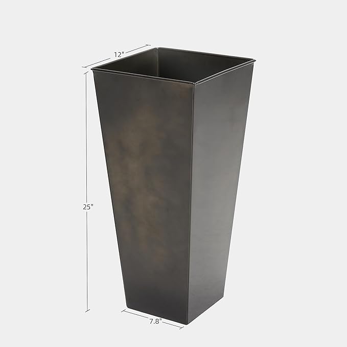 KOL 25''H. Bright Glazed Planter with Drainage Hole, Set of 2, Tall Galvanized Steel Planter Pots with Saucer for Indoor & Outdoor Use, Decorative Flower Plant Pots for Porch, Patio, Deck - Black-Ruum Studio Home
