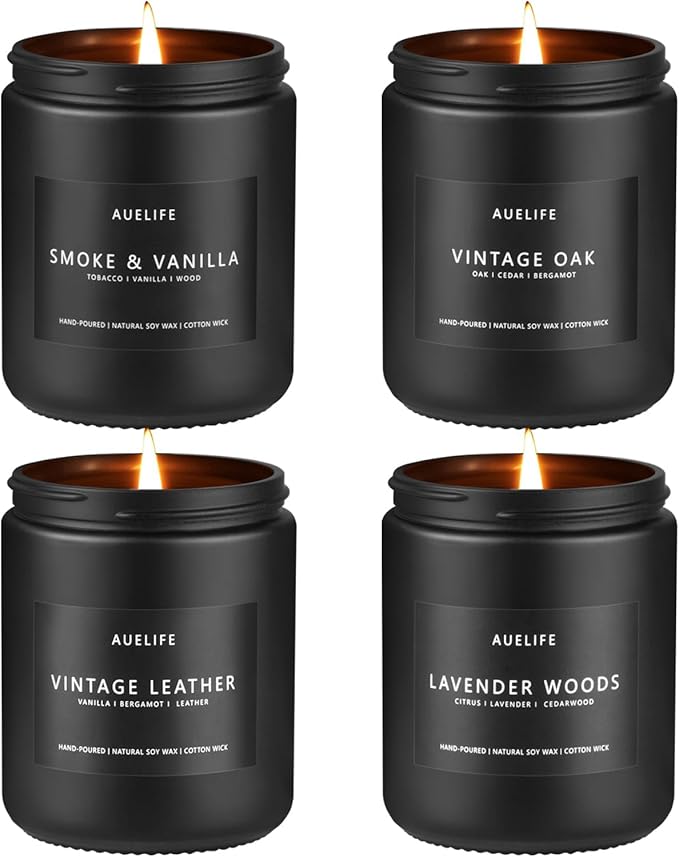 Scented Candles Set | Men Candle Set, Scented Candles for Home, Gifts for Men Aromatherapy Gift Set - 4 Pack Manly Gifts for Dad Fathers Day, Soy Candle of Leather/Smoke & Vanilla/Oak/Lavender-Ruum Studio Home