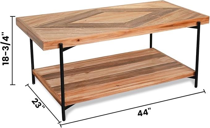 CONSDAN StoneCreek Coffee Table, Solid Fir Wood & Metal Frame, 2-Tier Industrial Farmhouse Table for Living Room/Office, 44" Rectangular Table-Ruum Studio Home