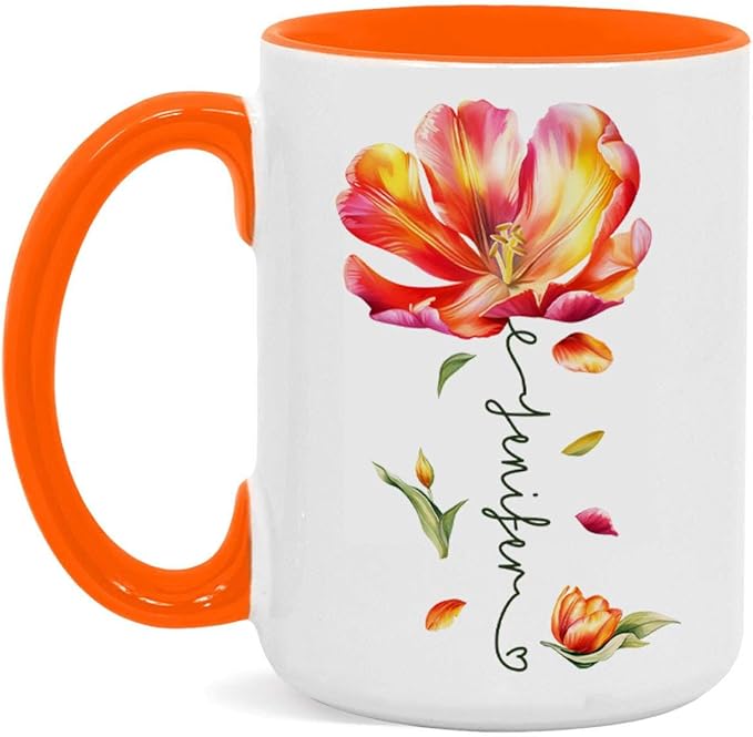 Personalized Flower Blossom Decorative Mug, Custom Name On Flower Coffee Cup, Novelty Floral Accent Mug 11oz 15oz, Customized Flower Lover Ceramic Cup, Gift For Friend Coworker-Ruum Studio Home