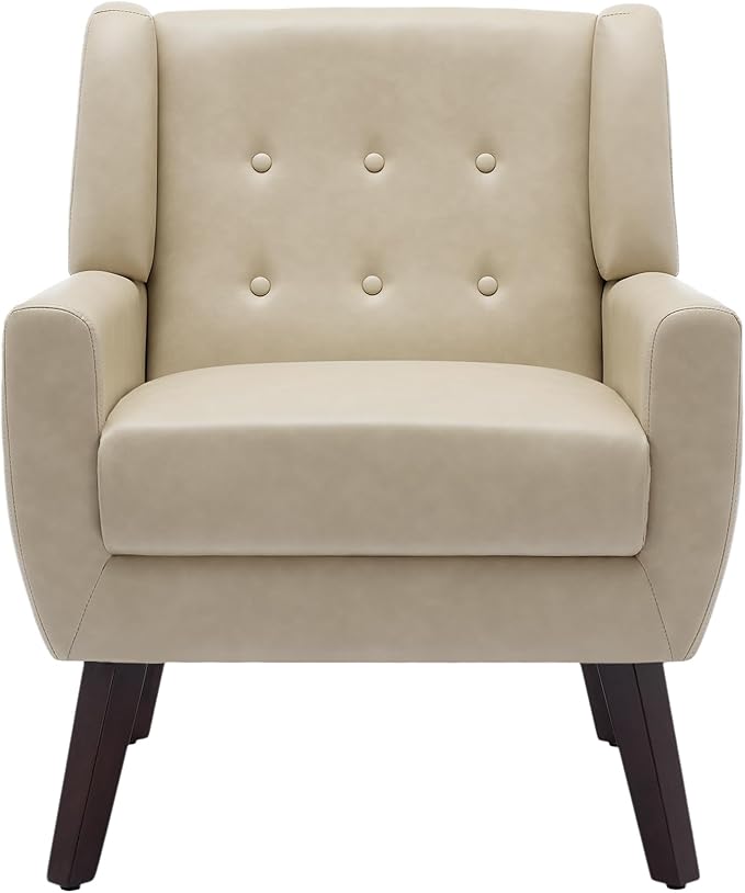 UIXE Faux Leather Accent Chair, Modern Arm Club Chair Upholstered Armchair for Living Room, Comfy Single Sofa Seats Button Tufted Reading Seating, Cream-Ruum Studio Home