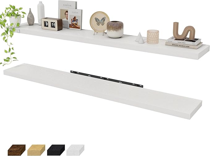 Fun Memories 72 Inch Floating Shelves for Wall 2 Pack Shelves for Bedroom|Kitchen|Bathroom 72 x 9.3 Inch Wood Floating Shelf with Invisible Brackets for Books|Storage|Decor, White-Ruum Studio Home