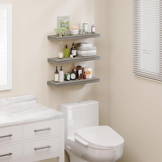 BAMEOS Floating Shelf,Wall Shelf,Decor Wall Mounted Shelves,Hanging Shelf Set of 3,L24xW6 for Bathroom Kitchen Living,Kitchen,Room Bedroom Storage,Walnut-Ruum Studio Home