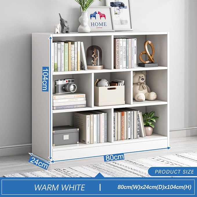IOTXY Open Shelf Low Bookcase - Wooden 3-Tier Floor Standing Display Cabinet Organizer with Base, 7 Cubes Short Horizontal Bookshelf in Warm White-Ruum Studio Home