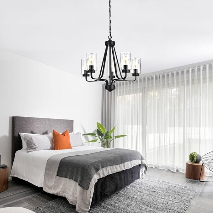 5-Lights Modern Chandelier with Clear Glass Shades, Black Farmhouse Pendant Lighting for Dining Room Kitchen Island Ceiling Light Fixture Haning Over Table-Ruum Studio Home