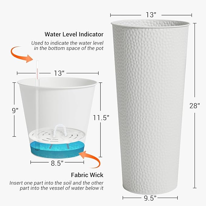 Worth Garden 2-Pack 28" H. Metal Planter with 2X Inside Pots - Hand-Hammered Texture Tall Cone Plant Pots - Large Handcrafted Flower Pot for Indoor Outdoor, Deck, Patio, Front Porch - White-Ruum Studio Home