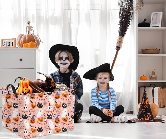 HIYAGON Rectangular Halloween Basket for Boys and Girls Kids Trick or Treat Pumpkin Basket for Halloween Parties Cute Storage Bin Organizer Box Room Decor(Pink Halloween)-Ruum Studio Home