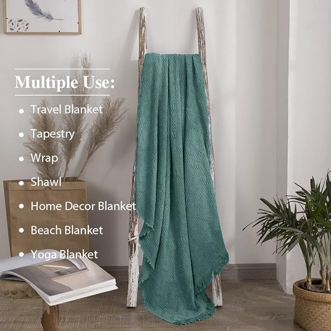 Simple&Opulence 100% Cotton Throw Blanket for Bed, Couch, Boho Luxury Geometric Knit Woven Blanket with Tassels Soft Lightweight Cozy Breathable, Vintage Farmhouse Decoration for All-Season(Green)-Ruum Studio Home
