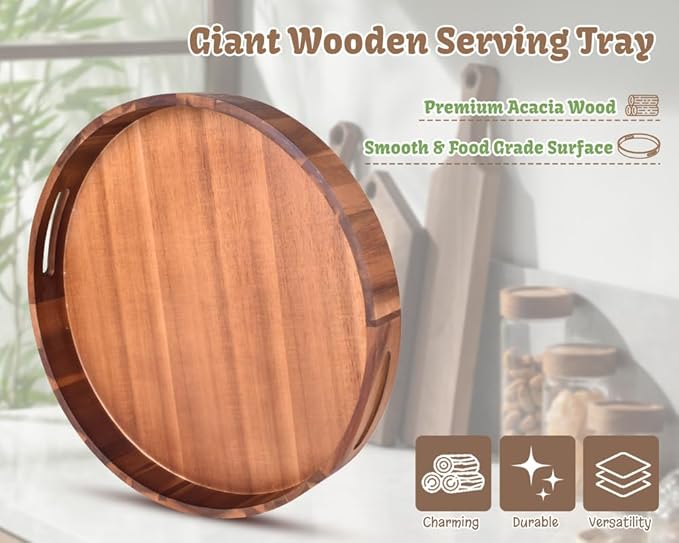 Large Round Wood Serving Tray, Wooden Trays with Handles for Ottoman Table, Vintage Acacia Tray Circle Wood Tray for Indoor Outdoor Organization and Decoration, Including 4 Round Wooden Coasters-Ruum Studio Home