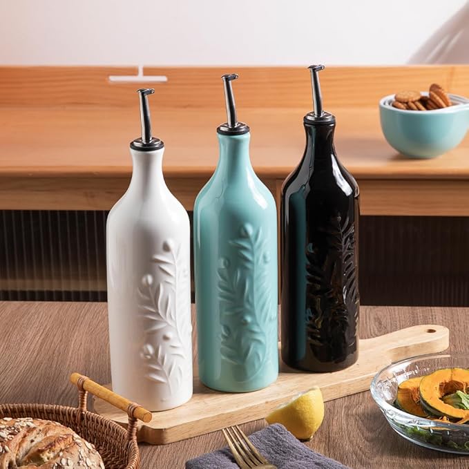 Sweejar Large Olive Oil Dispenser Bottle with Spout, 24 Oz Ceramic Oil Dispenser for Kitchen, Relief Opaque Oil Cruet, Oil Container for Cooking, EVOO, Avocado Oil, Vinegar, Pack of 1(Turquoise)-Ruum Studio Home