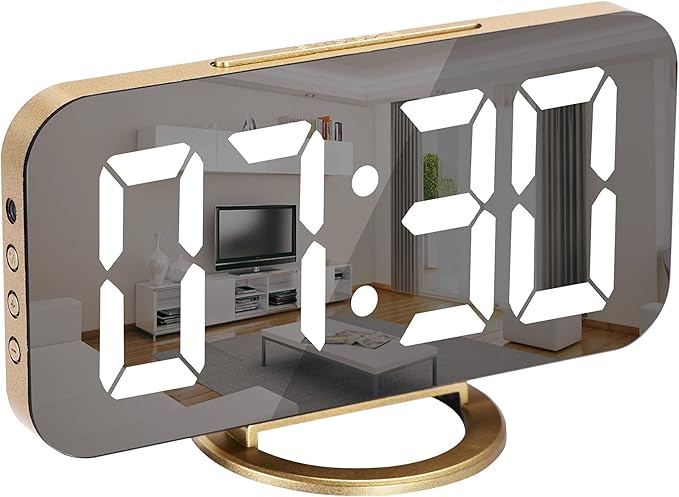 SZELAM Digital Alarm Clock,LED and Mirror Desk Clock Large Display,with Dual USB Charger Ports,3 Levels Brightness,12/24H,Modern Electronic Clock for Bedroom Home Living Room Office - Gold-Ruum Studio Home