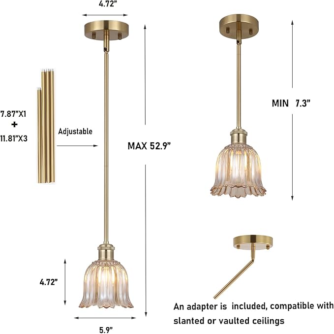 Modern Gold Pendant Light Brushed Brass Mid Century Chandelier Amber Glass Shades Adjustable Rods Farmhouse Ceiling Hanging Lighting Fixture Kitchen Island Dining Room Bedroom-Ruum Studio Home