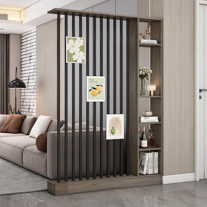 Wall Room Divider, Storage Cabinet Storage Display with Shelves, Modern Freestanding Wood Room Divider Screen, Wall Privacy Screens for Home Decorative (Grey Oak+Black,55" L x 9.5" W x 79.5" H)-Ruum Studio Home