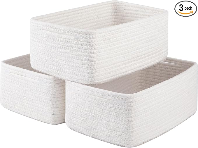 3 Pack Small Storage Baskets for Organizing, Cute Woven Decorative Gift Baskets for Shelves, Mini Closet Organizer Bins with Handles-13''Lx8.66''Wx5.11''H-White-Ruum Studio Home