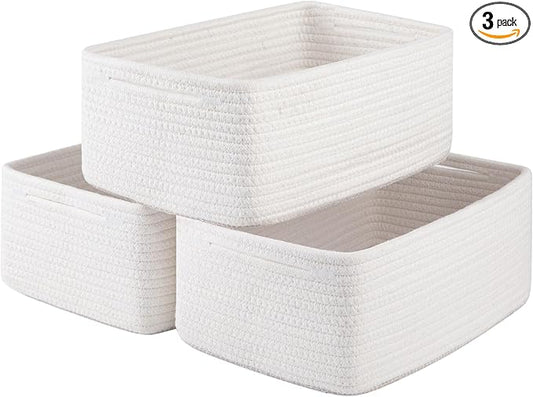 3 Pack Small Storage Baskets for Organizing, Cute Woven Decorative Gift Baskets for Shelves, Mini Closet Organizer Bins with Handles-13''Lx8.66''Wx5.11''H-White-Ruum Studio Home