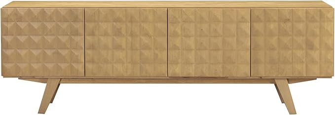NTC Sapa Mid-Century Modern Solid Wood TV Stand 4-Door Media Console with Carved Geometric Fronts for TVs up to 75", Effortless Assembly, Sand-Ruum Studio Home
