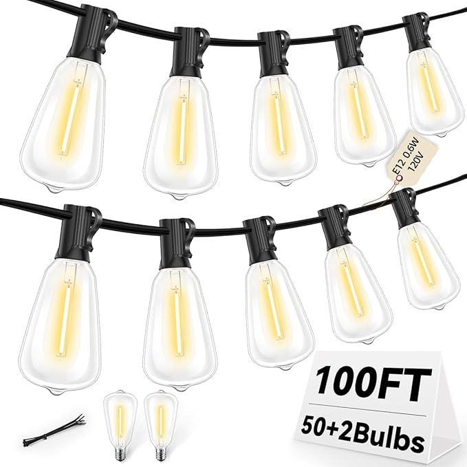 ST38 100FT LED Outdoor String Lights with 50 Shatterproof ST38 Bulbs+2 Spares, 2700K Warm White – for Backyard, Patio, Garden, Wedding, Party, Christmas, Porch, Deck, Gazebo, Bistro, Camping Decor-Ruum Studio Home
