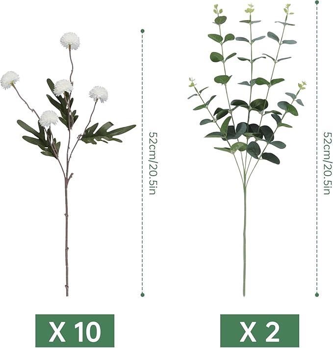 Faux White Kiku Flowers 10 Stems & 2 Eucalyptus, Fake Mums Pompon Flower Ball, Autumn Artificial Chrysanthemums Flowers for Boho Bedroom Decor, Silk Mini Faux Kiku Flower Wedding Arrangements Decor-Ruum Studio Home