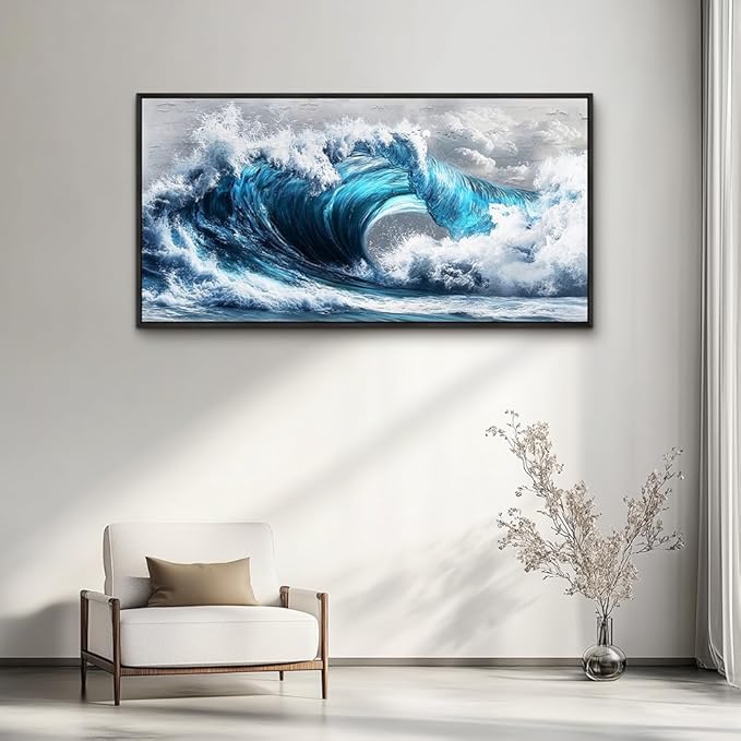 PHAOHUAXM Large Canvas Wall Art For Living Room Wall Decor For Bedroom Ocean Inspiration Wall Pictures Office Mural Decorations Posters Blue Wave Paintings Modern Home Decor Black Framed 24x48 In-Ruum Studio Home