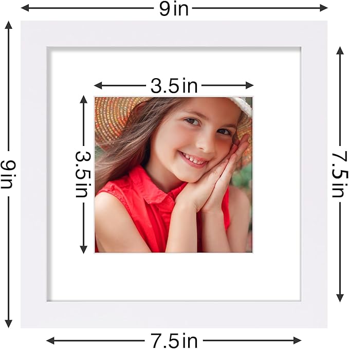 Vittanly 8x8 Picture Frames Set of 9, Shatter Resistant Plexiglass, Display 4x4 Pictures with Mat or 8x8 without Mat, Photo Frames for Wall Mount, Engineered Wood, White-Ruum Studio Home