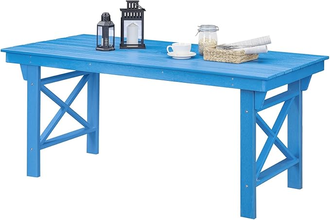 HDPE Outdoor Dining Table, 66.9” Rectangle Patio Dining Table for 6, All-Weather HDPE Outdoor Table with 2.2” Umbrella Hole, HDPE Patio Furniture for Deck, Backyard, Garden, Pool, Sky Blue-Ruum Studio Home