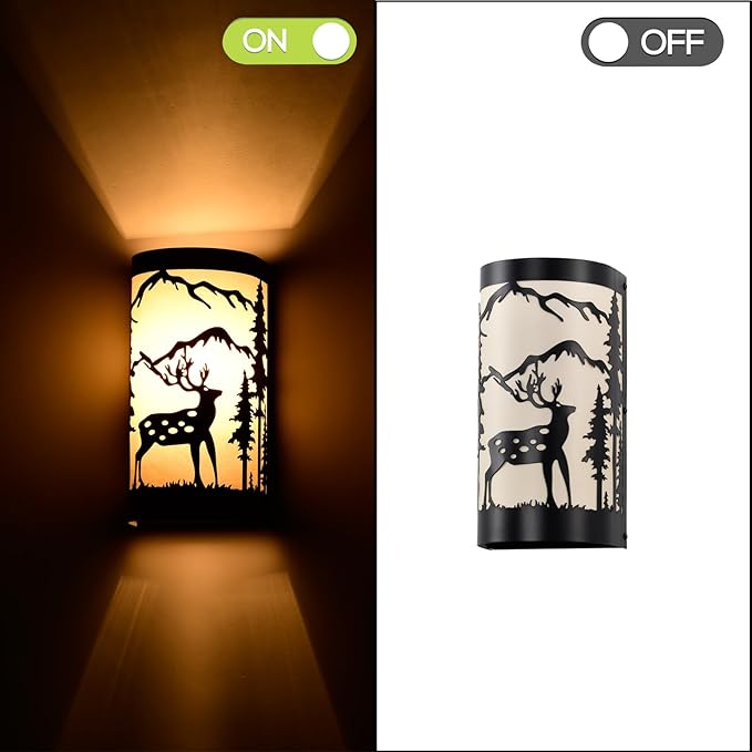 Black Wall Sconces Set of Two,Deer Metal Cream Parchment Rustic Wall Sconces,Farmhouse Indoor Wall Light Fixtures,Industrial Matte Sconce Light,Wall Lamps for Bedroom,Living Room,Hallway-Ruum Studio Home