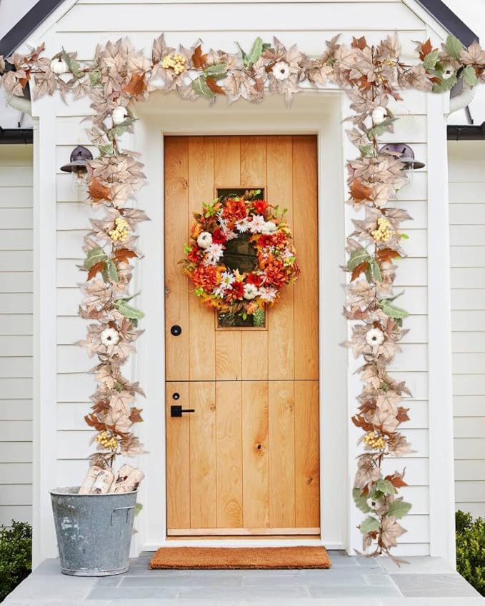 DearHouse 2 Pack Fall Maple Leaf Hanging Vine Garland Artificial Autumn Foliage Thanksgiving Decor for Home Wedding Fireplace Party Christmas (White&Green)-Ruum Studio Home