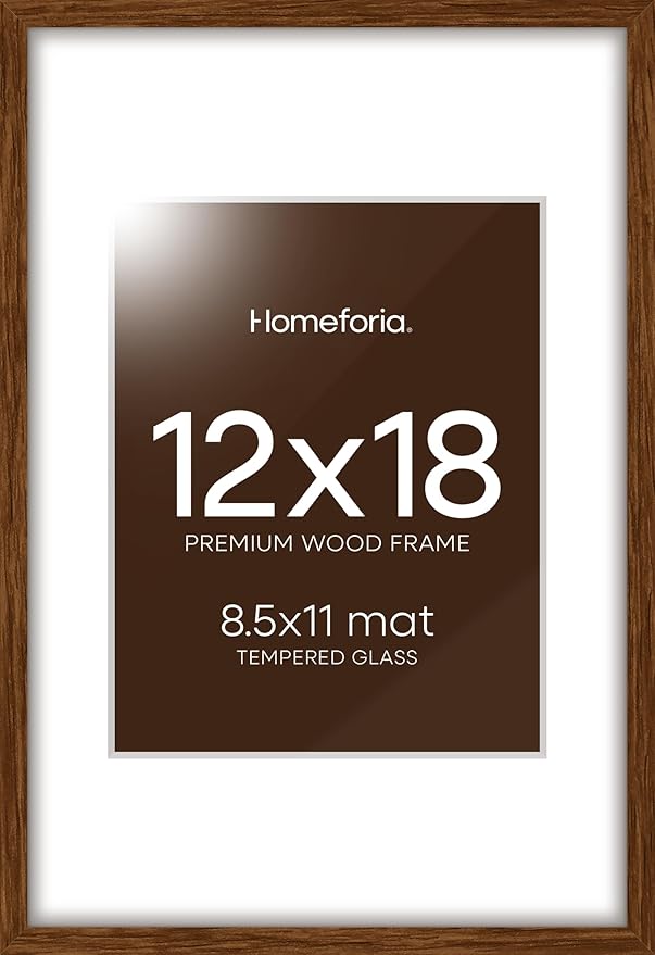 Homeforia 12 x 18 Walnut Wood Frame, High End Dark Oak 12x18 Brown Picture Frame with Mat 8.5x11 Photo, 12 x 18 Wooden Poster Frame Matted to 8.5 x 11, 18x12 Frames, Tempered Glass, Wall Kit, Set of 1-Ruum Studio Home
