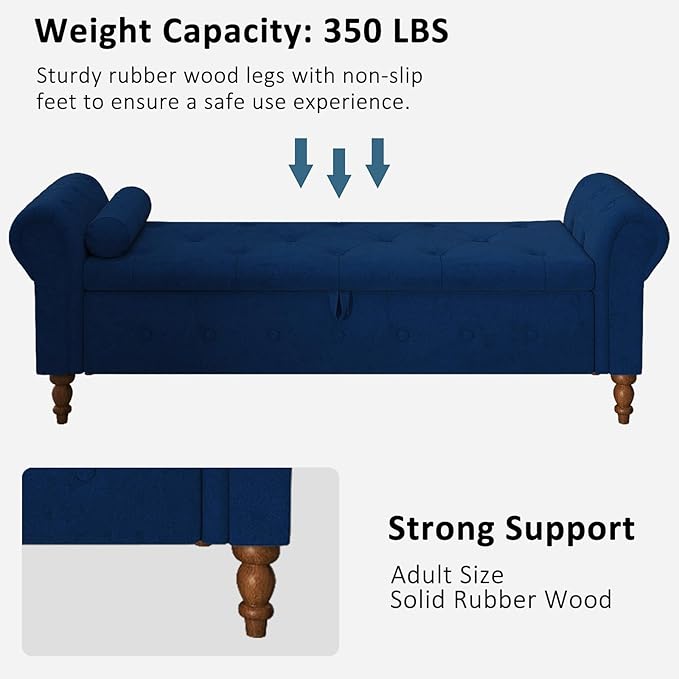 Storage Ottoman Bench for Bedroom, 63" End of Bed Bench with Rolled Arms Upholstered Ottoman Bench Fit for Bedroom, Living Room, Entryway, Velvet Navy Blue-Ruum Studio Home