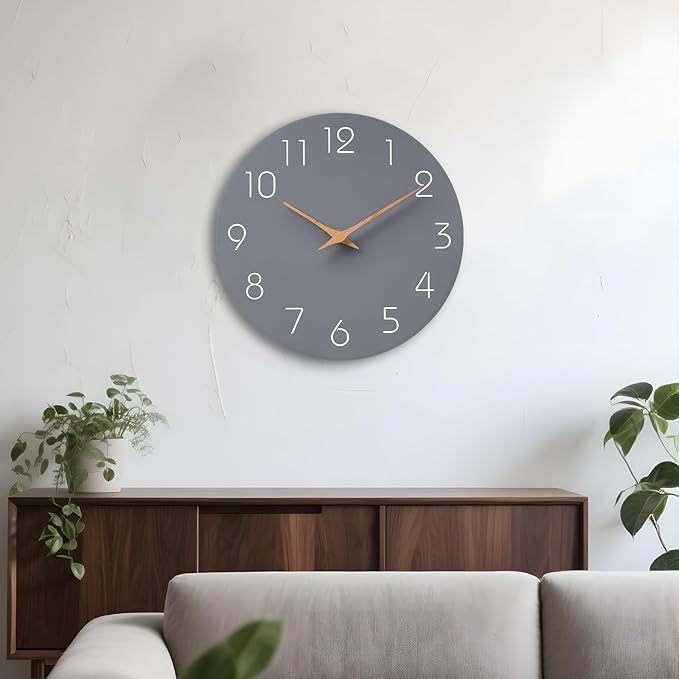 Mosewa Wall Clock Silent Non Ticking Decorative for Kitchen Bedroom Bathroom Office Living Room Battery Operated 10 Inch Gray Wood Modern Simple-Ruum Studio Home