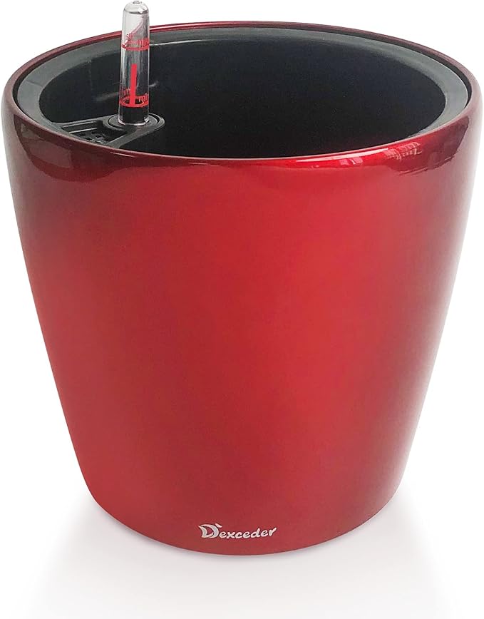 Dexceder 9x8 Inches High Gloss Self Watering Planter Indoor Outdoor, Inner Pot Design, Thickened Table Flower Plant Pot with Water Level Indicator (Red)-Ruum Studio Home