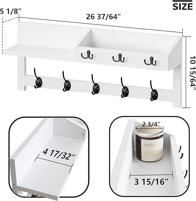AMBIRD 26.57-Inch Wall Hanging Shelf With Coat Hooks - Entryway Wood Rack With 5 Dual Hooks, 3 Key Hooks, Mail Organizer and Key Holder (White)-Ruum Studio Home